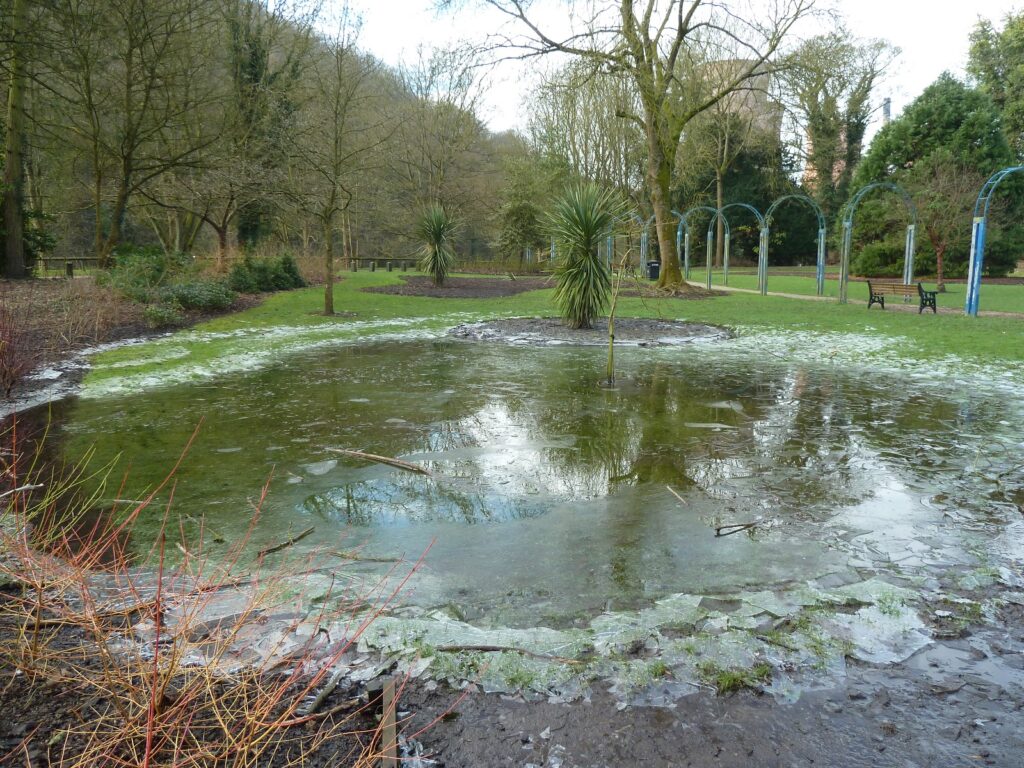 Frozen flood water Dale End Park Ironbridge